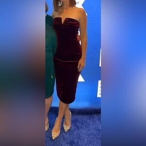 Sage the Label, burgundy red velvet strapless midi dress, small